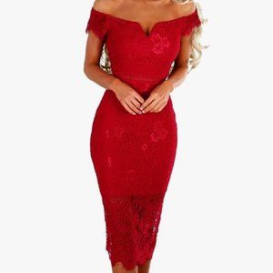 Women's Off Shoulder Lace Bodycon Midi Dress